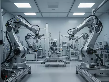 Ein steriles, hochmodernes Robotik-Forschungslabor mit komplexen mechanischen Bauteilen und industriellen Konstruktionen. - Foto: über boerse-global.de