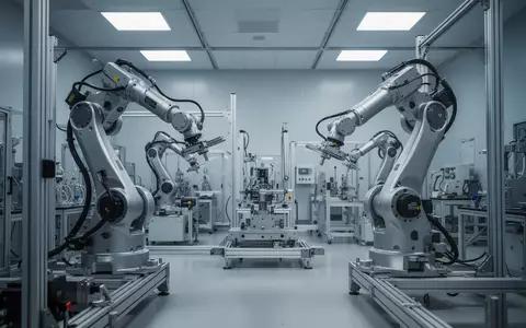 Ein steriles, hochmodernes Robotik-Forschungslabor mit komplexen mechanischen Bauteilen und industriellen Konstruktionen. - Foto: über boerse-global.de