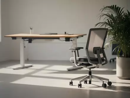 Ein minimalistisches Büro mit einem höhenverstellbaren Schreibtisch und einer Pflanze, die eine Umgebung für ergonomisches Arbeiten darstellt. - Foto: über boerse-global.de