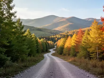 Ein gewundener Wanderweg in einer herbstlichen Waldlandschaft, der in der Ferne in ein Gebirge führt. - Foto: über boerse-global.de