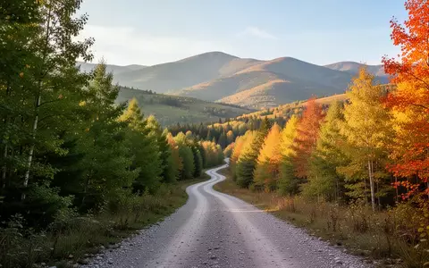 Ein gewundener Wanderweg in einer herbstlichen Waldlandschaft, der in der Ferne in ein Gebirge führt. - Foto: über boerse-global.de