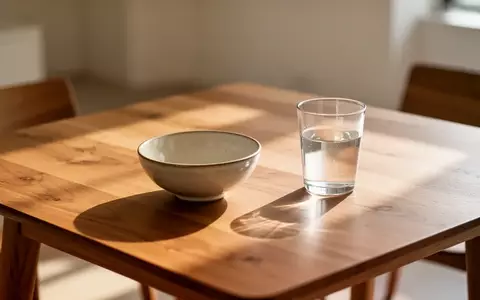 Ein minimalistischer Holztisch mit einer leeren Keramikschale und einem Glas Wasser in natürlichem Morgenlicht. - Foto: über boerse-global.de