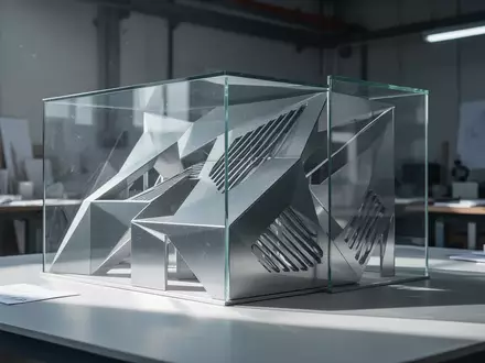 Ein minimalistisches Architekturmodell aus gebürstetem Aluminium und Glas in einem hellen Designstudio zur Veranschaulichung von Luftstromkonzepten. - Foto: über boerse-global.de