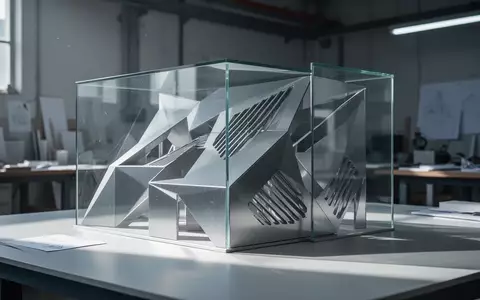Ein minimalistisches Architekturmodell aus gebürstetem Aluminium und Glas in einem hellen Designstudio zur Veranschaulichung von Luftstromkonzepten. - Foto: über boerse-global.de