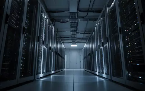 Eine leere, in kühles blaues Licht getauchte Serverraum-Reihe in einem sterilen, industriellen Rechenzentrum. - Foto: über boerse-global.de