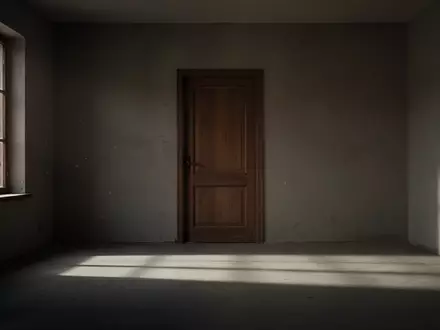 Ein leerer Raum mit einer geschlossenen Holztür und einfallendem Licht, das lange Schatten auf den Boden wirft. - Foto: über boerse-global.de