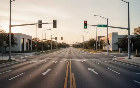 Eine leere, moderne Straßenkreuzung in Austin, Texas, bei Sonnenuntergang mit klaren Fahrbahnmarkierungen und Ampeln. - Foto: über boerse-global.de