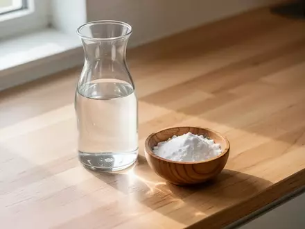 Eine Glasflasche mit Wasser und eine Schale mit Natron auf einer sauberen Holzarbeitsplatte in einer minimalistischen Küche. - Foto: über boerse-global.de
