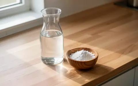 Eine Glasflasche mit Wasser und eine Schale mit Natron auf einer sauberen Holzarbeitsplatte in einer minimalistischen Küche. - Foto: über boerse-global.de