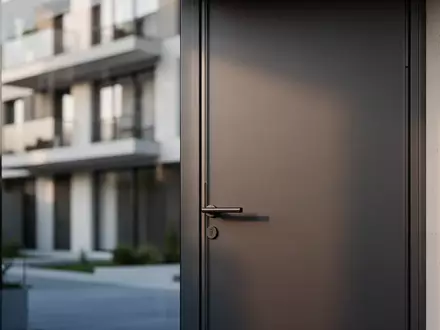 Eine schlichte, moderne Hauseingangstür aus dunkelgrauem Stahl in einer minimalistischen Wohnumgebung. - Foto: über boerse-global.de