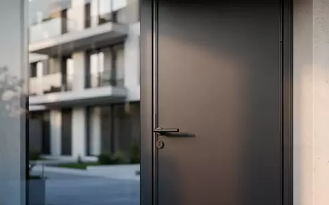 Eine schlichte, moderne Hauseingangstür aus dunkelgrauem Stahl in einer minimalistischen Wohnumgebung. - Foto: über boerse-global.de