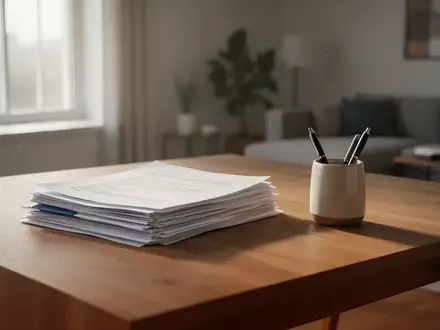 Ein aufgeräumter, heller Schreibtisch mit Dokumentenstapeln in einem Homeoffice, bei natürlichem Lichteinfall. - Foto: über boerse-global.de