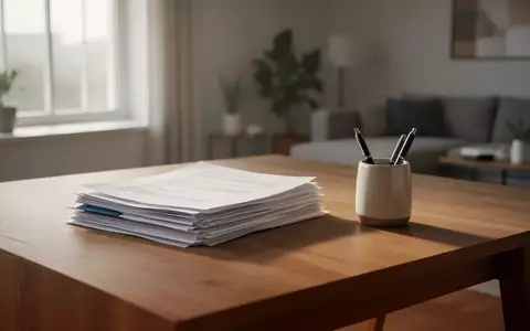 Ein aufgeräumter, heller Schreibtisch mit Dokumentenstapeln in einem Homeoffice, bei natürlichem Lichteinfall. - Foto: über boerse-global.de