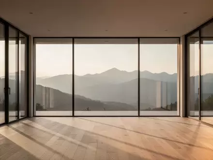 Ein minimalistisch gestalteter, leerer Raum mit bodentiefen Fenstern und Blick auf eine weite Berglandschaft bei Sonnenuntergang. - Foto: über boerse-global.de