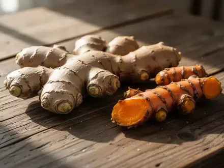 Frische Ingwerwurzeln und Kurkuma-Rhizome auf einem rustikalen Holztisch bei natürlichem Licht. - Foto: über boerse-global.de
