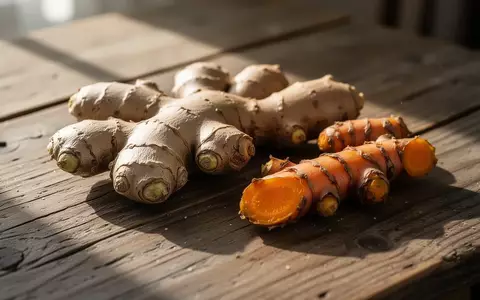 Frische Ingwerwurzeln und Kurkuma-Rhizome auf einem rustikalen Holztisch bei natürlichem Licht. - Foto: über boerse-global.de