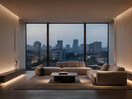 Modernes, minimalistisches Wohnzimmer bei Dämmerung mit atmosphärischer, indirekter Beleuchtung und klaren architektonischen Linien. - Foto: über boerse-global.de