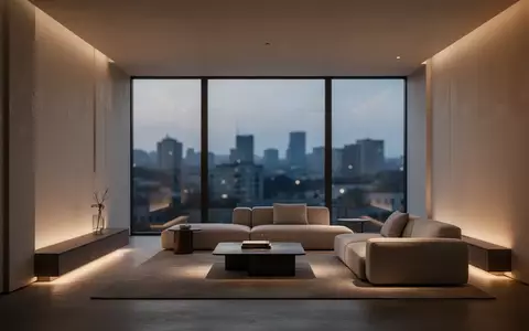 Modernes, minimalistisches Wohnzimmer bei Dämmerung mit atmosphärischer, indirekter Beleuchtung und klaren architektonischen Linien. - Foto: über boerse-global.de