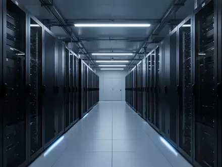Moderne Server-Infrastruktur in einer industriellen Anlage mit symmetrischen Rack-Reihen und kühler Beleuchtung. - Foto: über boerse-global.de