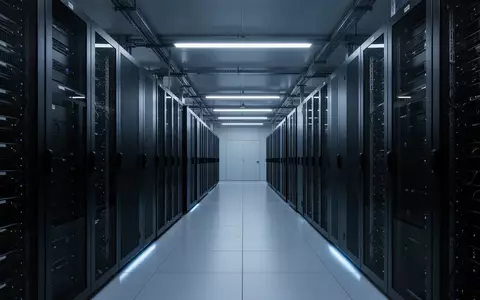 Moderne Server-Infrastruktur in einer industriellen Anlage mit symmetrischen Rack-Reihen und kühler Beleuchtung. - Foto: über boerse-global.de