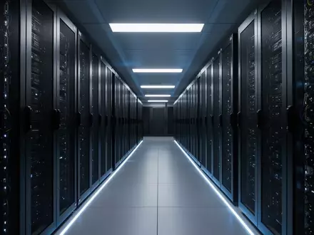 Ein moderner, dunkel beleuchteter Serverraum mit einer Reihe von technischer Infrastruktur in einem Finanzinstitut. - Foto: über boerse-global.de