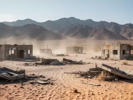 Eine karge Wüstenlandschaft mit verwitterten Betonstrukturen in einem militärischen Testgelände bei hellem Tageslicht. - Foto: über boerse-global.de