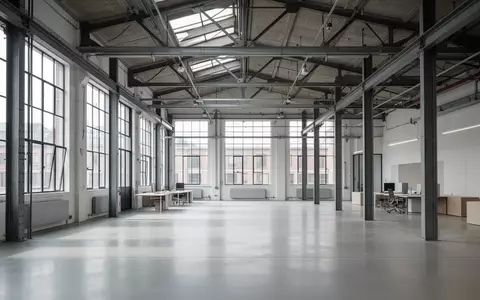 Ein minimalistischer, moderner Arbeitsbereich in einem renovierten Fabrikgebäude mit hohen Decken und natürlichem Lichteinfall. - Foto: über boerse-global.de