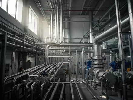 Industrielle Anlage mit komplexen Rohrleitungen und metallischen Maschinenstrukturen in einer Lagerhalle. - Foto: über boerse-global.de