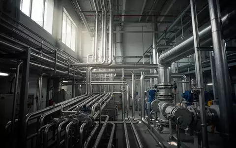 Industrielle Anlage mit komplexen Rohrleitungen und metallischen Maschinenstrukturen in einer Lagerhalle. - Foto: über boerse-global.de