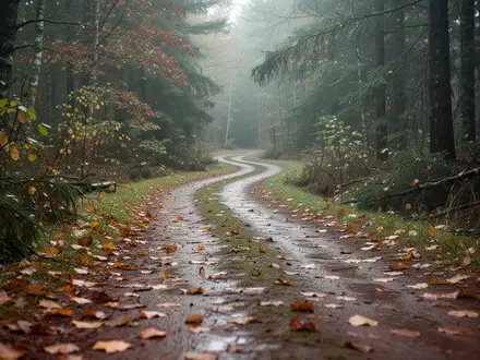 Ein verschlungener Waldweg nach einem Sturm mit feuchtem Boden und herbstlichem Laub unter dichten Bäumen. - Foto: über boerse-global.de