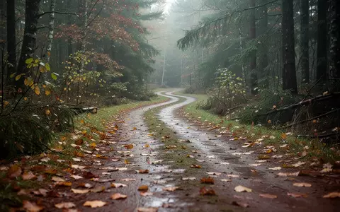 Ein verschlungener Waldweg nach einem Sturm mit feuchtem Boden und herbstlichem Laub unter dichten Bäumen. - Foto: über boerse-global.de