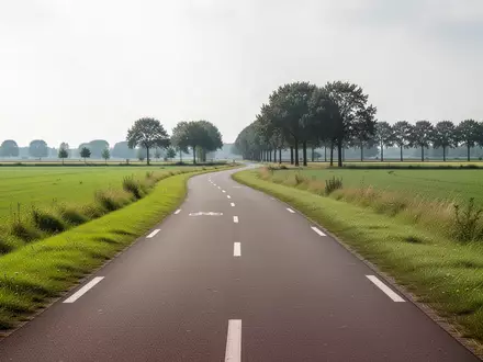 Ein leerer, asphaltierter Radweg in einer ländlichen Umgebung mit grünen Wiesen und Bäumen am Wegesrand. - Foto: über boerse-global.de