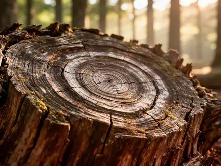 Detailaufnahme der Jahresringe eines alten Baumstamms in einem sonnendurchfluteten Wald als Symbol für Langlebigkeit. - Foto: über boerse-global.de