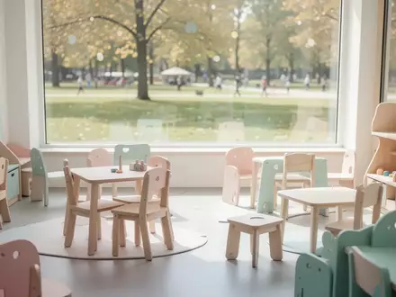 Heller, moderner Kinder-Spielbereich mit minimalistischen Holzmöbeln und Blick in einen sonnigen Garten. - Foto: über boerse-global.de