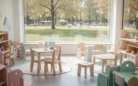 Heller, moderner Kinder-Spielbereich mit minimalistischen Holzmöbeln und Blick in einen sonnigen Garten. - Foto: über boerse-global.de