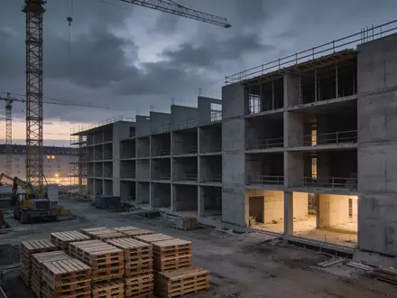 Unfertiges Wohngebäude auf einer Baustelle bei Dämmerung unter bewölktem Himmel. - Foto: über boerse-global.de