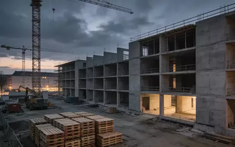Unfertiges Wohngebäude auf einer Baustelle bei Dämmerung unter bewölktem Himmel. - Foto: über boerse-global.de
