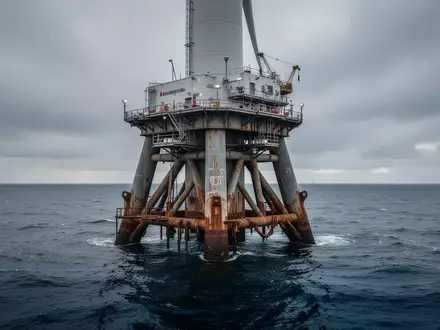 Ein massives Fundament einer Offshore-Windkraftanlage im offenen Meer unter einem bewölkten Himmel. - Foto: über boerse-global.de
