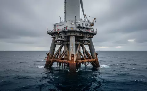 Ein massives Fundament einer Offshore-Windkraftanlage im offenen Meer unter einem bewölkten Himmel. - Foto: über boerse-global.de