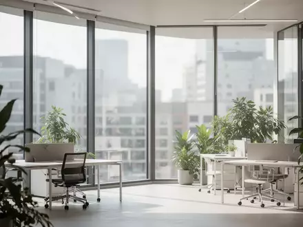 Ein helles, modernes Büro mit großen Fenstern, vielen Zimmerpflanzen und einer luftigen, sauberen Arbeitsumgebung. - Foto: über boerse-global.de