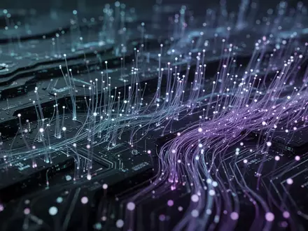Abstrakte Darstellung eines digitalen Datenstroms mit leuchtenden Lichtleitern und komplexen Schaltkreisstrukturen. - Foto: über boerse-global.de