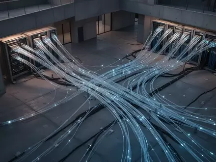 Modernes Glasfaser-Infrastrukturzentrum mit blau leuchtenden Datenkabeln in einer minimalistischen Industrieumgebung. - Foto: über boerse-global.de