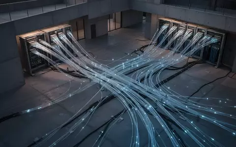 Modernes Glasfaser-Infrastrukturzentrum mit blau leuchtenden Datenkabeln in einer minimalistischen Industrieumgebung. - Foto: über boerse-global.de