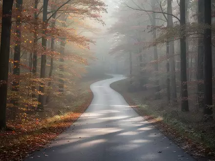 Ein einsamer, sich durch einen herbstlichen Wald schlängelnder Pfad im sanften Morgenlicht, der den langen Lebensweg symbolisiert. - Foto: über boerse-global.de