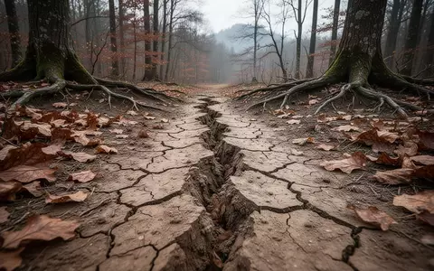 Trockener, rissiger Waldboden in einem österreichischen Wald mit welkem Laub und kahlen Baumwurzeln bei bewölktem Himmel. - Foto: über boerse-global.de