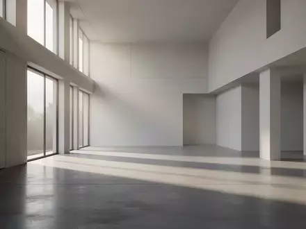 Ein minimalistischer, moderner Innenraum mit klaren geometrischen Linien und weichem, einfallendem Tageslicht auf einem glatten Betonboden. - Foto: über boerse-global.de