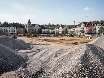 Eine Baustelle mit aufgeschütteter Erde und Baumaschinen auf einem städtischen Grundstück bei Tageslicht. - Foto: über boerse-global.de