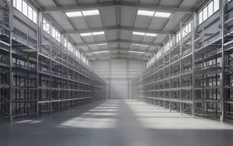 Innenansicht eines modernen, leeren Logistiklagers mit hohen Regalsystemen und poliertem Betonboden. - Foto: über boerse-global.de