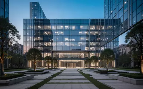 Ein modernes, minimalistisches Bürogebäude in der Abenddämmerung mit geometrischer Architektur und reflektierenden Glasfassaden. - Foto: über boerse-global.de