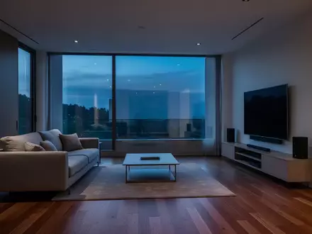 Ein leeres, modern eingerichtetes Wohnzimmer bei Dämmerung mit neutralem Interieur und weichem Lichteinfall. - Foto: über boerse-global.de